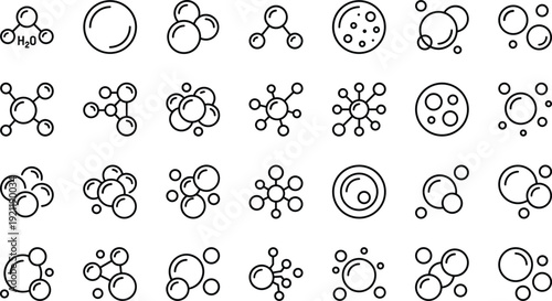 Molecule and atom line icons set, chemistry molecular structure particles H2O science vector outline collection isolated on white background for education