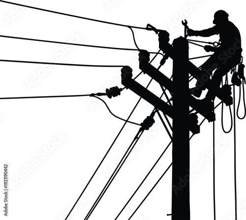 Silhouette utility worker repairing power pole, electrical maintenance safety gear, infrastructure repair vector illustration, energy transmission lines, professional technician at work
