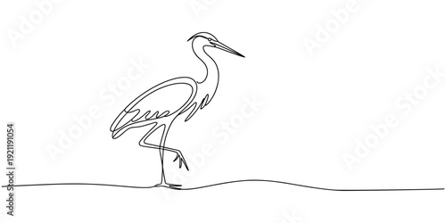 Heron stork single continuous one line out line vector art drawing on white background, Continuous one single minimal line drawing Cranes, Stork bird continuous one line drawing minimalism design.