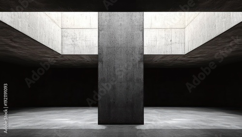 Empty concrete interior with central pillar and rectangular skylight, austere and contemplative mood