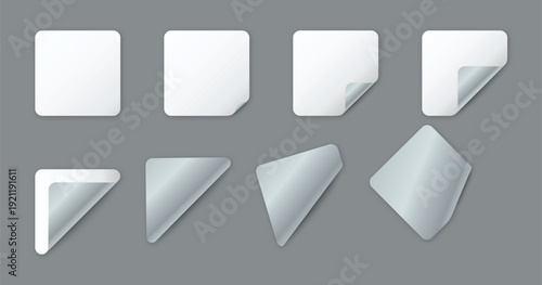 Eight square and triangular stickers with peeling corners