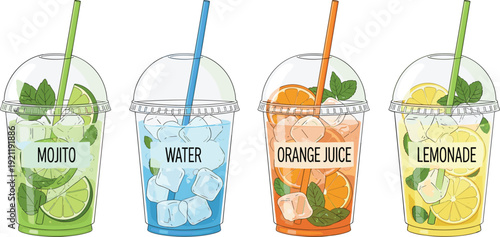 Professional vector illustration set of takeaway beverages in plastic dome lid cups featuring Mojito, Water, Orange Juice, and Lemonade with ice and mint