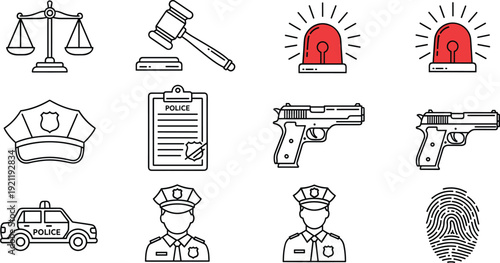 Police and law enforcement icons set featuring justice scales gavel siren alarm handgun handcuffs police car officer avatar and fingerprint for security designs.