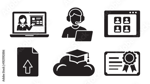 Online Learning Education Technology and Virtual Classroom Icons Vector Set
