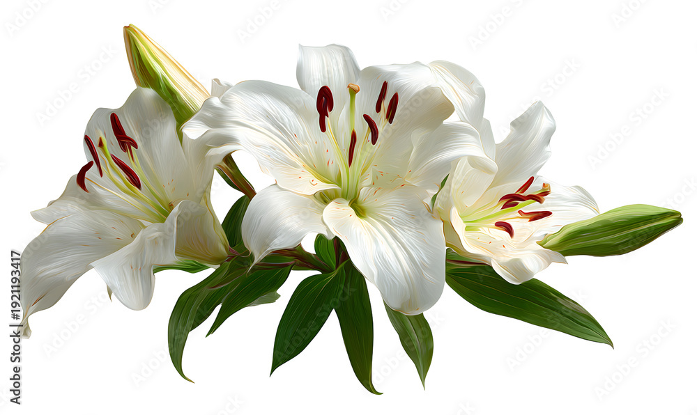 Obraz premium Cluster of pristine white lilies, showcasing deep red stamens and gracefully unfurling petals, surrounded by rich green leaves, transparent background