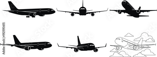 Set of commercial airplane silhouettes and aircraft line art icons featuring various flight angles like front view, side profile, and flying through clouds background