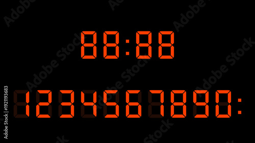 Orange digital seven segment numbers on black. Glowing LED display template with digits and dots.