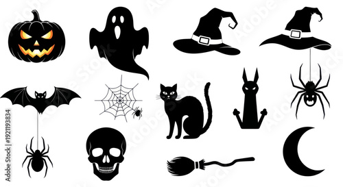 Halloween Icons Set: Pumpkin, Ghost, Cat, Witch Hat, Spider, Skull, Broom, Bat