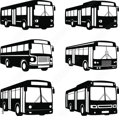 Collection of modern and vintage city buses isolated on white background, public transportation vehicle set, urban transit design illustration in black and blue style