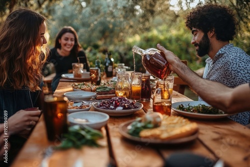 Friends sharing a relaxed al fresco dinner at a wooden table with salads, bread, bowls and glasses as one person pours an amber drink in warm golden hour light