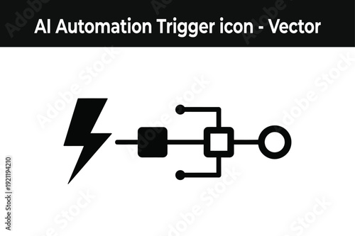 AI automation trigger icon, lightning bolt and workflow nodes, software integration flowchart, minimal solid black vector silhouette.