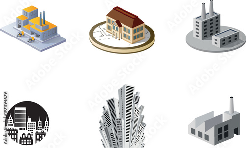 Isometric and silhouette collection of buildings factory