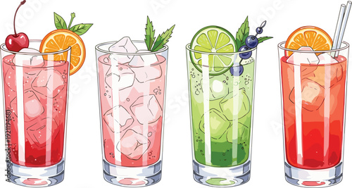 Professional vector illustration set of refreshing long drinks featuring vibrant sodas with ice cubes, fresh citrus slices, cherries, and berries