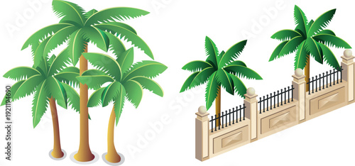 Isometric palm trees and fence wall