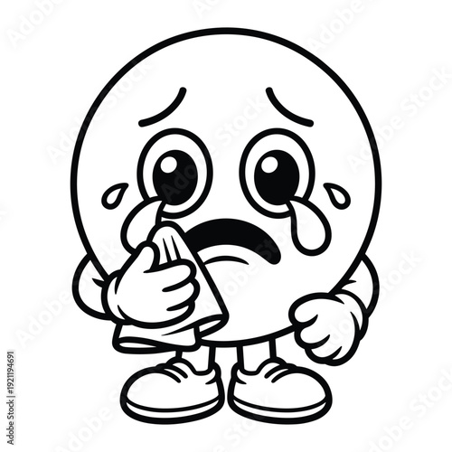 Cartoon character crying with a tissue over its face conveying sadness or pain