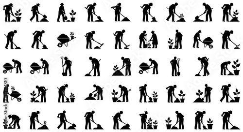 gardening work silhouettes depicting people digging planting and raking for outdoor tasks manual labor and agricultural efforts.