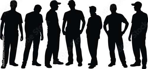 Group of standing men silhouettes isolated on white background, diverse male figures in casual outfits and caps, teamwork concept, crowd shadow illustration for design use