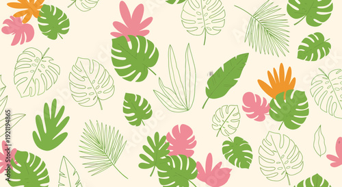 Tropical leaves and flowers pattern in a vibrant botanical illustration