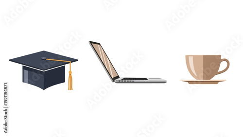 graduation cap laptop and coffee cup symbolizing modern education remote learning and productive academic study.