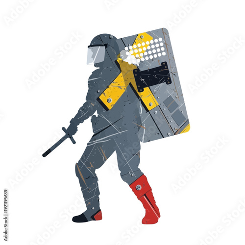 Riot police officer with shield and baton