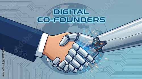 digital co-founders Concept. Robot and human handshake symbolizing digital partnership and technology innovation