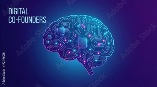 digital co-founders Concept. Digital brain with circuitry representing digital co-founders concept.
