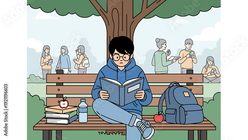 Student Reading Book in Park Amidst Nature and Technology