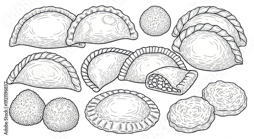 Hand-Drawn Variety of Empanadas and Dough Balls