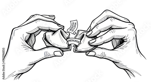 Hands opening a fortune cookie revealing a prediction