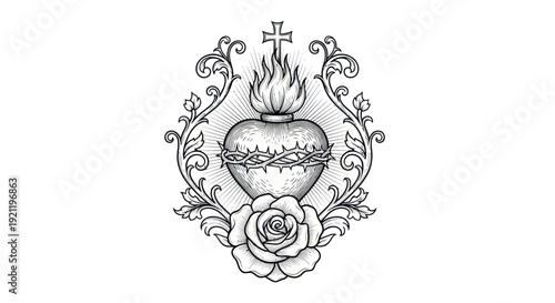 Sacred Heart of Jesus with Rose and Cross Emblem