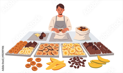 A small business worker is packaging assorted dried fruits