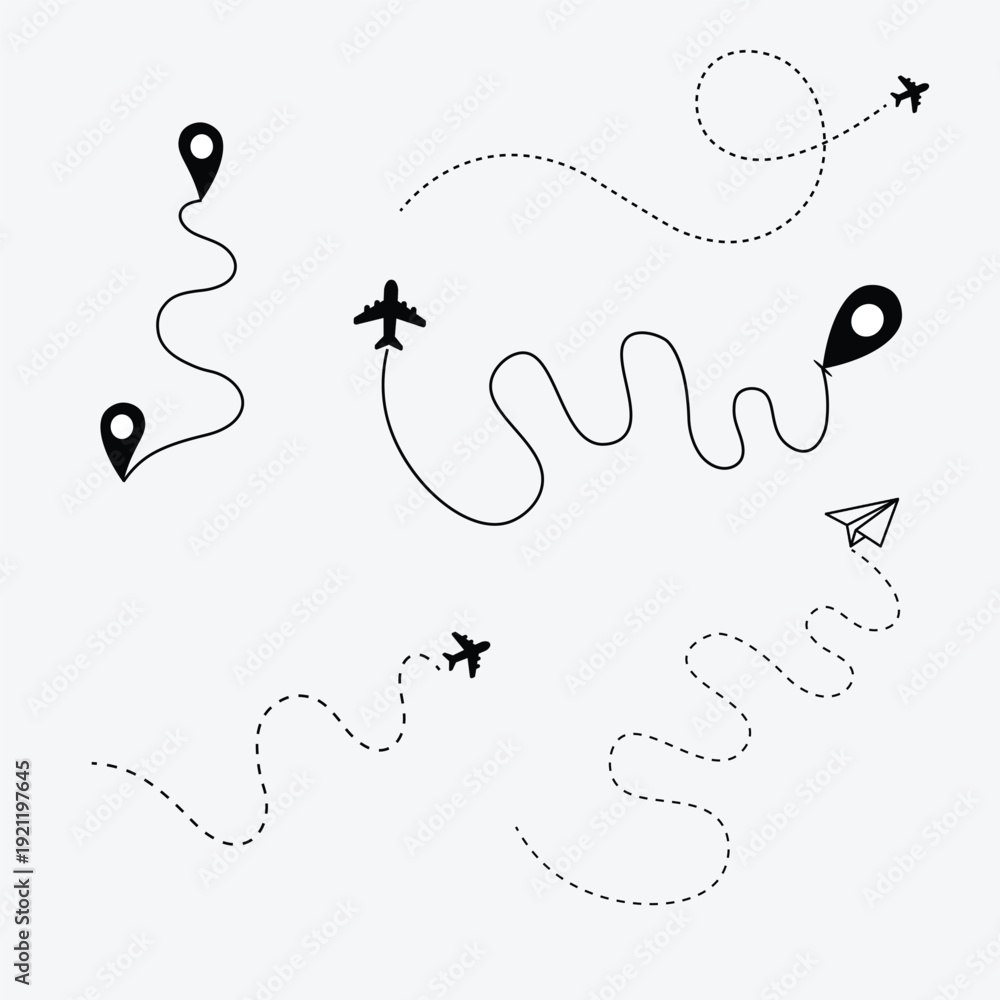 Fototapeta premium Travel Route Line with Airplane and Location Pin Icons Vector Illustration