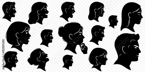 Set of black human head silhouettes with various facial expressions and emotions, male and female profiles illustrating mental health, psychology and feelings isolated