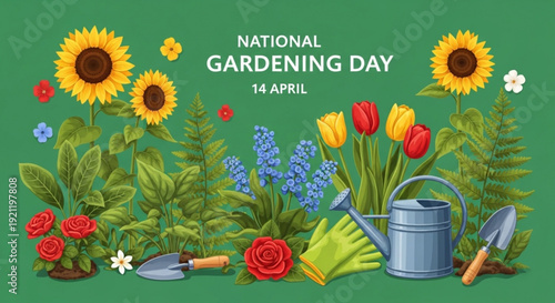 Vibrant flowers and gardening tools on green background for national gardening day on april 14th celebration