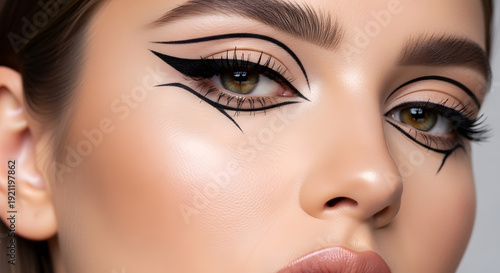 Close up of creative geometric makeup with sharp winged lines and wings