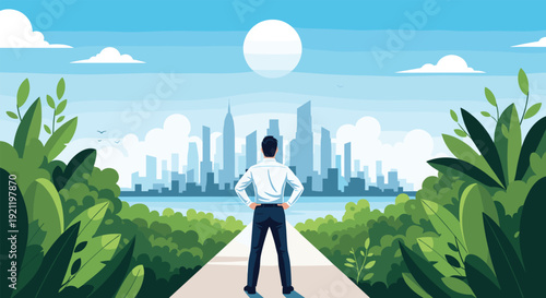 Businessman stands at the end of a long path through green trees and looks toward a massive city skyline under a large bright sun.