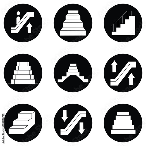 Minimalist Staircase Icon Set – Up & Down Directions, Multiple Styles, Black and White Vector Collection