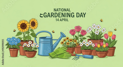National gardening day illustration with flowers gardening tools on green background