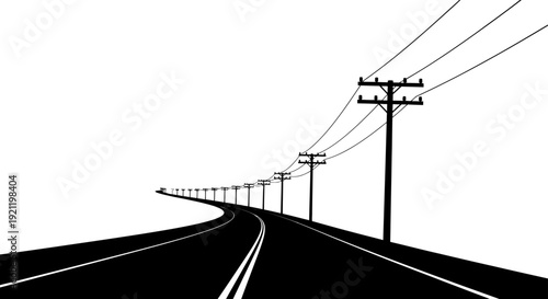 graphic illustration of a winding road with power lines and utility poles receding into the distance symbolizing infrastructure and journey