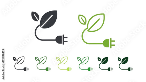 green energy icon showing an electricity plug connected to fresh green leaves symbolizing sustainable eco-friendly and renewable power for modern clean technology branding and environmental awareness.