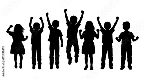 group of energetic children silhouettes raising fists and jumping in celebration symbolizing victory unity and empowerment against white.