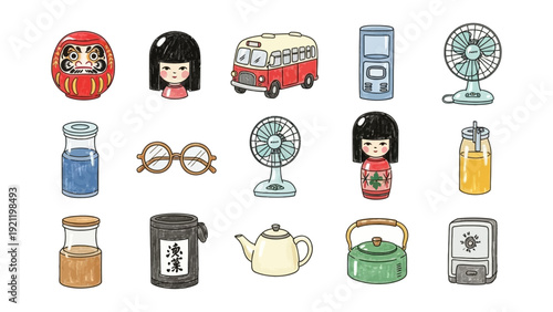 hand drawn japanese illustrations nostalgic collection of traditional cultural items and retro everyday objects on white.