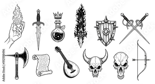 hand drawn fantasy rpg items vector art showcasing magic ancient weapons skulls lute and shield for adventure game design projects.