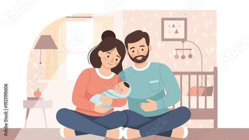 happy family embracing newborn baby in cozy nursery depicting joy new parenthood and strong family bond.