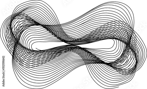 Abstract black and white line art pattern forming a complex mathematical infinity symbol shape