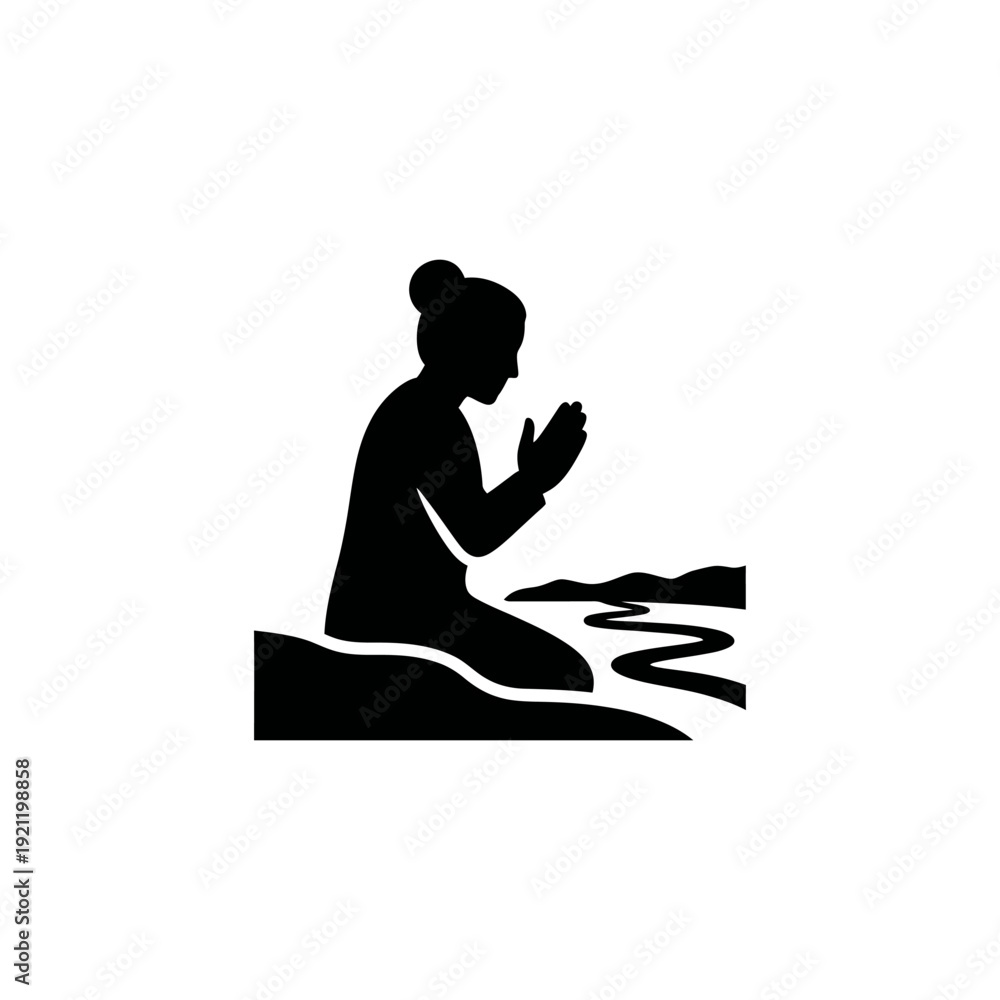 Φωτογραφία flat black solid silhouette icon of hindu devotee offering prayer at river