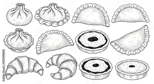Hand-drawn dumplings, pies, and croissants illustration set