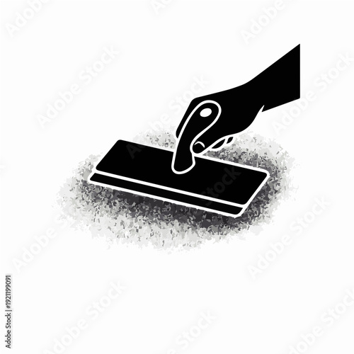 Dynamic black and white icon of a hand holding a masonry trowel in action. Represents professional craftsmanship, plastering work, and manual labor in construction