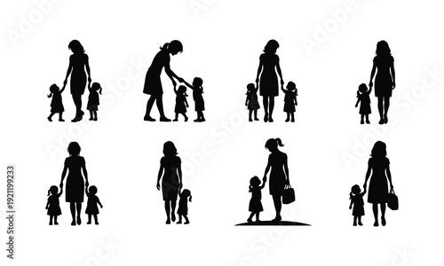 Family bonding and mother care vector silhouette illustration, line art set, happy motherhood