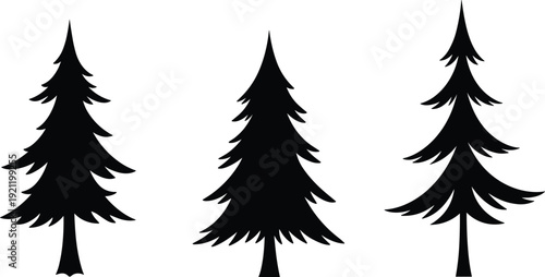 Stylized evergreen tree silhouettes, vector illustration of coniferous forest elements, isolated pine tree designs, nature graphic art for stock content, decorative woodland icons